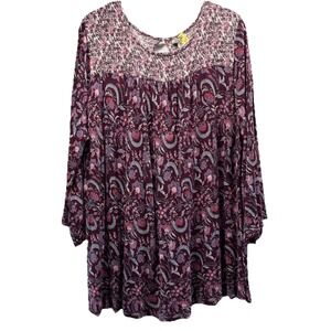 Lucky Brand Women's Top Size 2X Pink White Bohemian Pullover Smocked 3/4 Sleeves